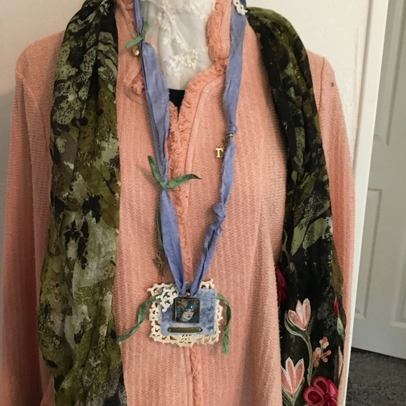 Handmade Artisan Boho Statement Jabot Necklace with Ribbon and Lace